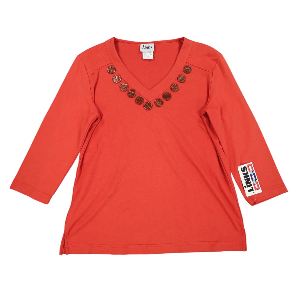 Links 3/4 Sleeve V-Neck Top Small Vintage Y2K Red Beaded Embellished